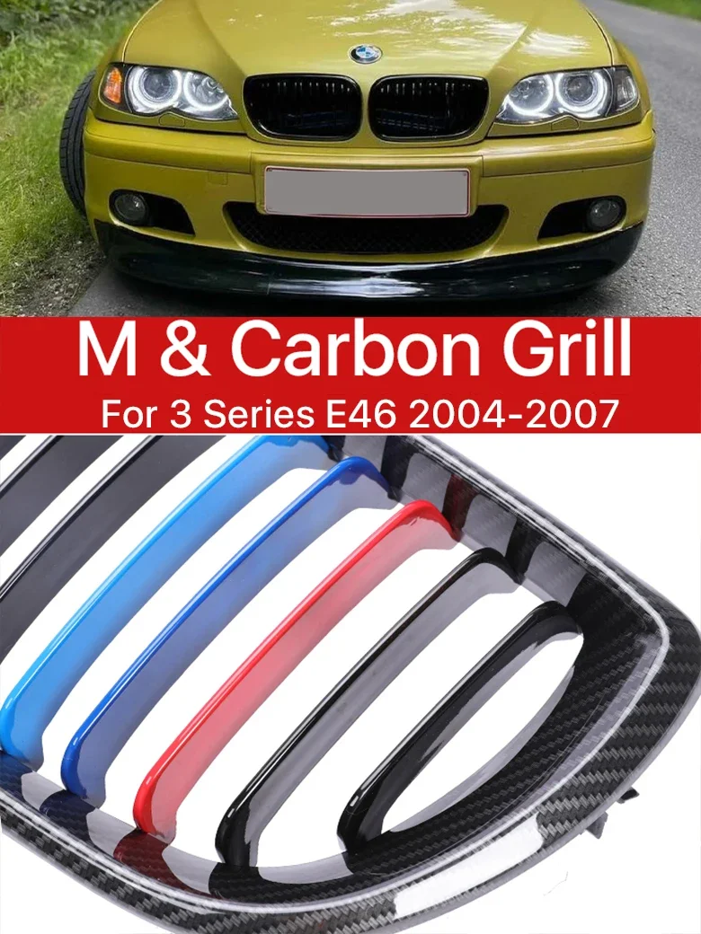 

New！ Front Bumper Kidney Grille Carbon Fiber M Style Racing Grill Cover For BMW 3 Series E46 LCI 2004 2005 2006 2007 2/4 Doors