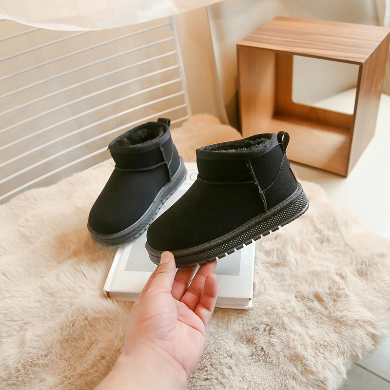 Black/brown Kids Mid Length Snow Boots with Anti Slip Cold Resistant and Warm with Sleeves Winter Casual Plush Thick Snow Boots