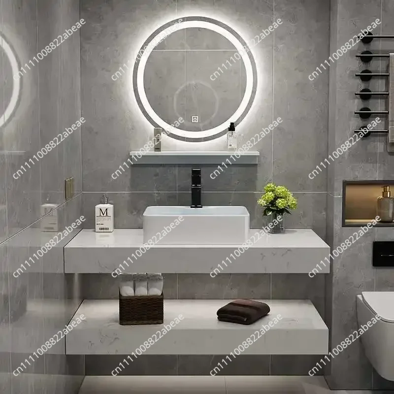 High-end hotel bathroom vanity with countertop sink and wall-mounted stone slab handwashing basin hot sales