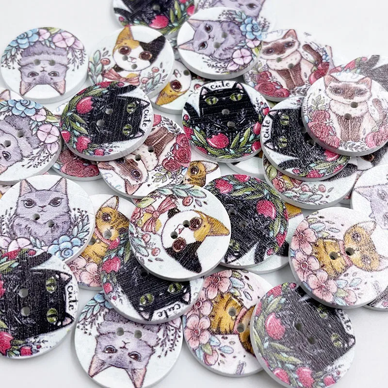 50pcs Round Mixed Cat Print Wooden Button Handwork Sewing Scrapbooking Clothing Crafts Gift Card 25mm WB889