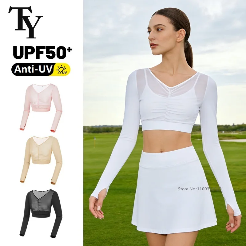 TTYGJ Women Golf Summer Ice Silk Crop Tops Ladies Sunscreen Cooling Base Shirts V-neck Thin Breathable Long Sleeve T-shirt
