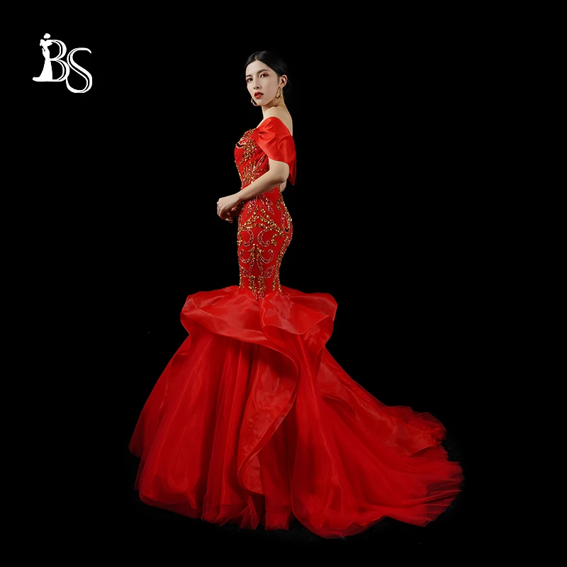 Baisha Luxury Red Evening Dress One Shoulder Golden Beaded Wedding Bride Dresses For Women Prom Formal Occasions H1610