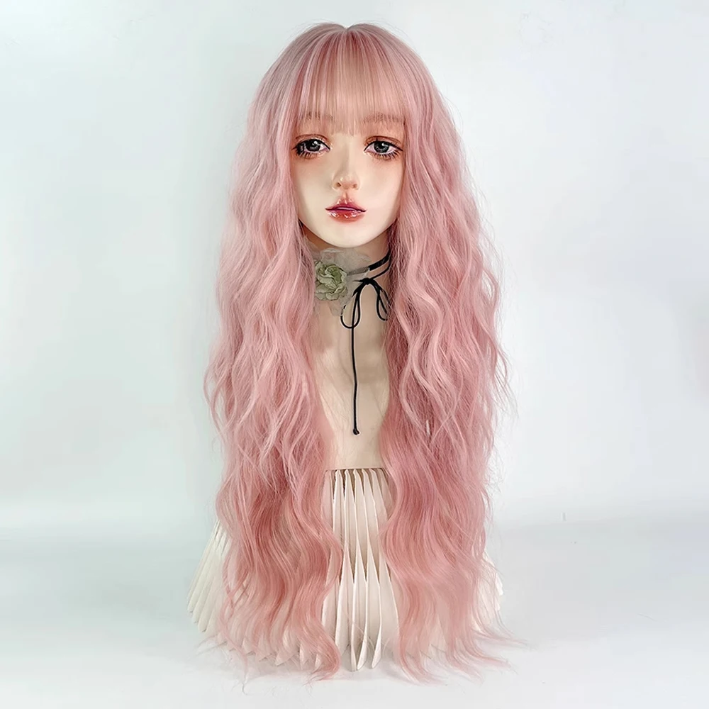 شعر مستعار صناعي طويل مموج وردي مع الانفجارات شعر مستعار لوليتا نسائي منفوش مقاوم للحرارة للحفلات التنكرية اليومية #2