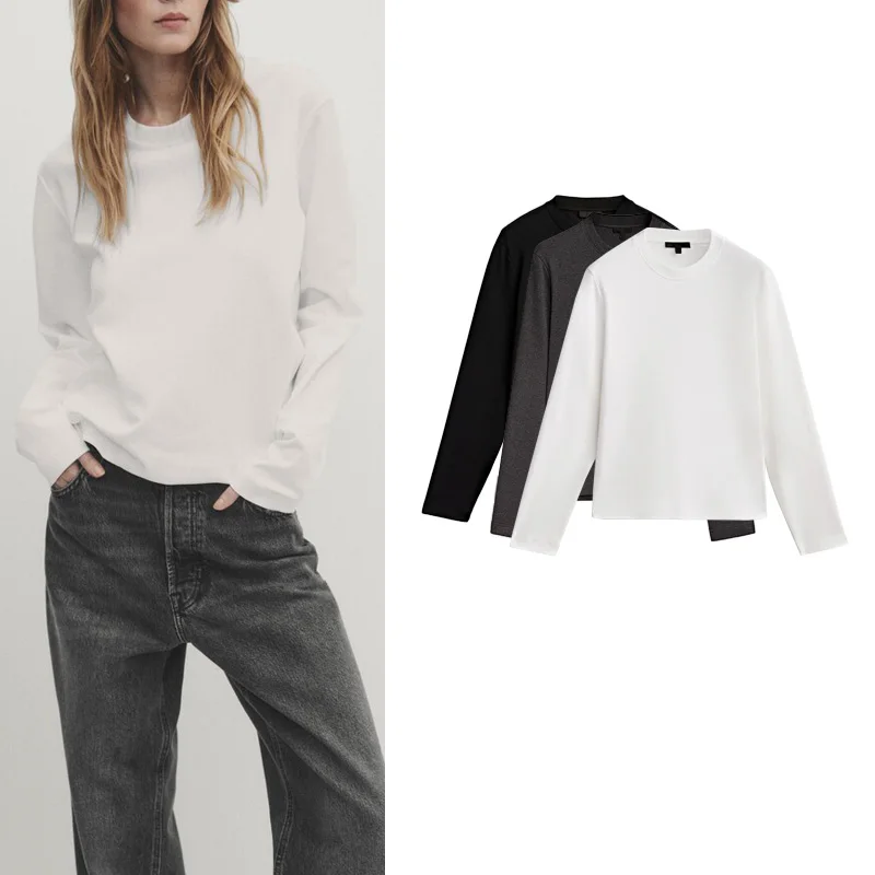 Eenvoudig Sle Cotton Long Sve round Ne T-shirt Dames Basic Match Alle zwaargewicht basislaag top voor lente nieuwe collectie