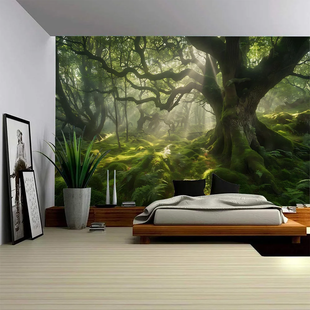 

Beautiful natural landscape tapestry, jungle forest wall hanging, sofa covering blanket, home decoration background poster