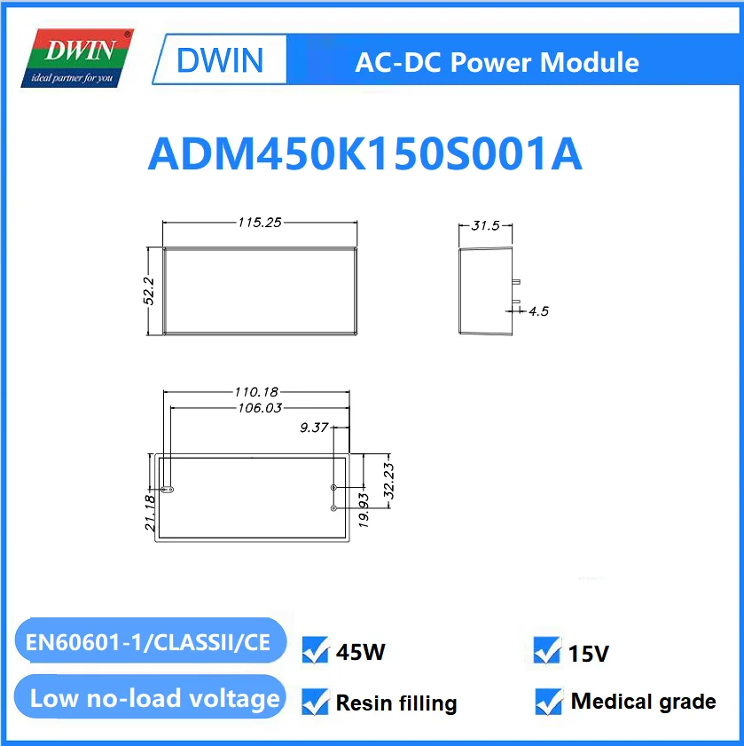 DWIN Medical-grade 36W / 45W AC to 12V / 15V / 24V DC Power Module High Quality 100~240V Universal AC-DC Converter Power Switch