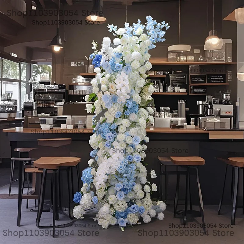 Weiß-Blaue Rosen-Orchideen-Blumenreihe Dekoration Hochzeits-Hintergrund Hornbogen Party Bühnenboden Blumenarrangement Bankett Fotozubehör – Detail 5