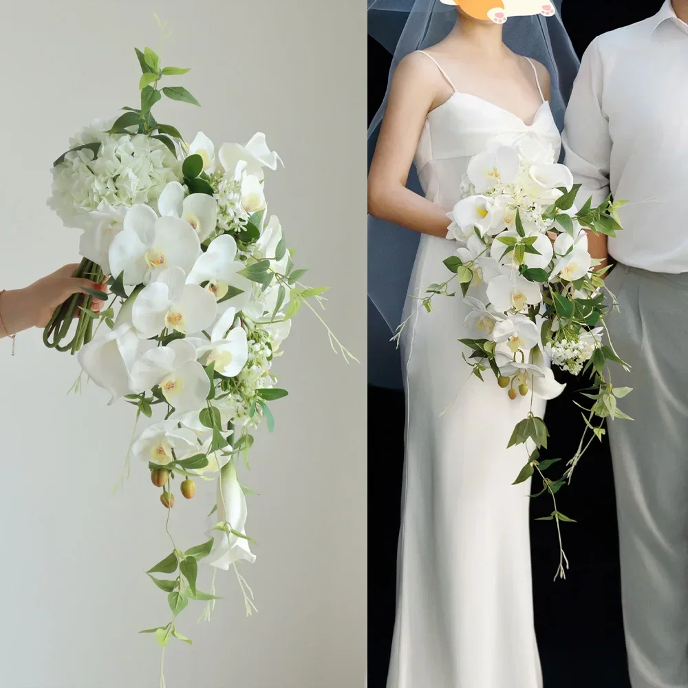 

Water drop waterfall bouquet white Phalaenopsis calla lily bouquet bridal wedding simulation flower wedding photography
