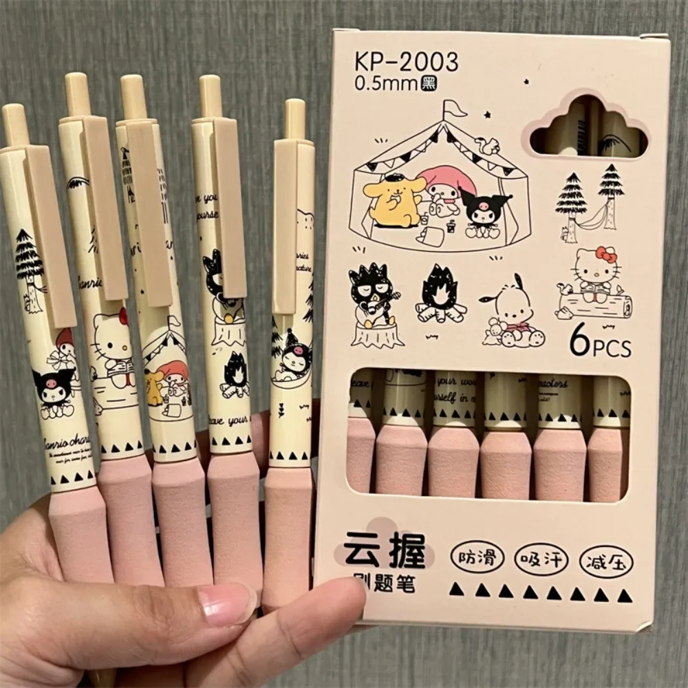 6pcs Anime Peripheral Kawaii Cute Kuromi Hello Kitty ST Head Quick-dry Black Pupil Diary Examination Gel Pen Study Stationery