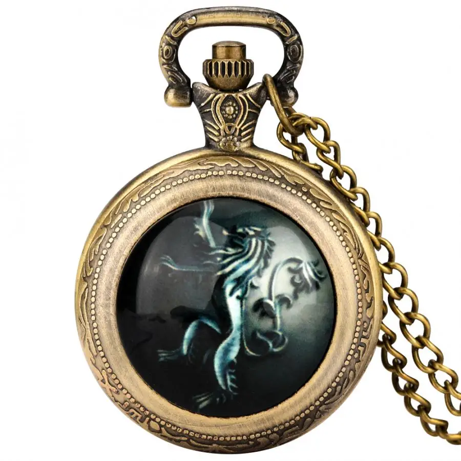 Hear Me Roar Lion/Wolf/Dragon Design Medium Size Pocket Watch Bronze Analog Steampunk Necklace Pendant Anime Clock for Men Women