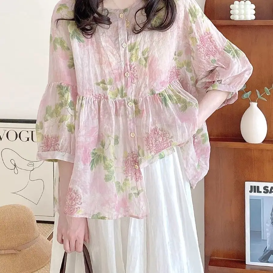 Casual Versatile Doll Shirt Top for Women Summer 2024 Style Loose and Sweet Round Neck Lantern Sleeves Fluffy Floral Print Shirt