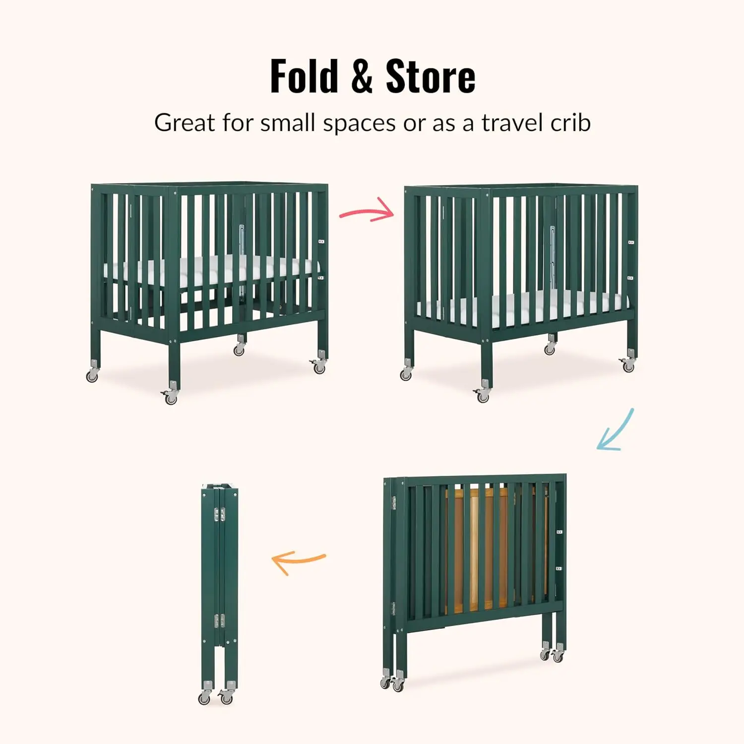 Portable Mini Crib with Flat Folding System, Lightweight for Travel, Adjustable Heights & Safe Wheels