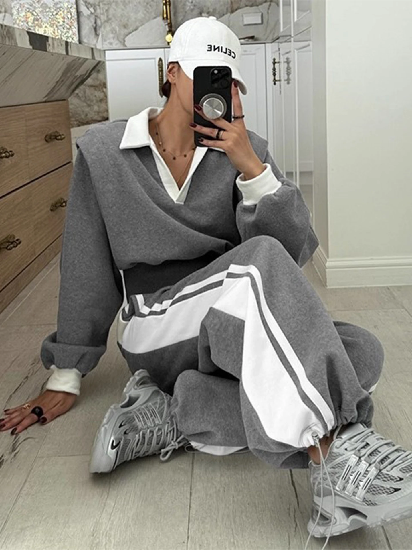 

Комплект спортивной одежды, повседневный свитшот, женские зимние цветные брюки с завязками по бокам, длинные брюки с воротником, универсальные