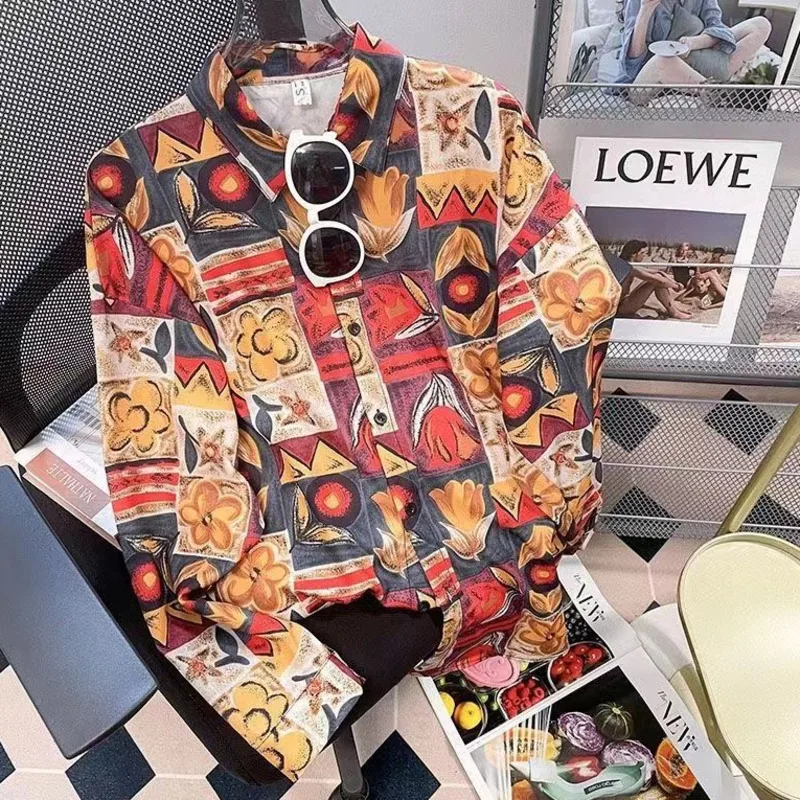 

New Fashion Loose Casual Women's Shirt Summer Retro Elegant Irregular Print Button Polyester Lapels ladies long Sleeve