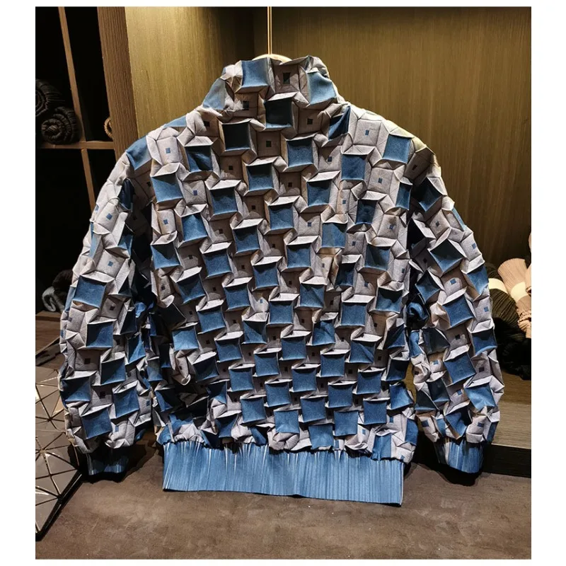 Miyake Pleated Jacket Plisse Women 2026 High-End New 3D Blue White Color-Block Print Coat Casual Loose Fit Commuter Long Sleeve