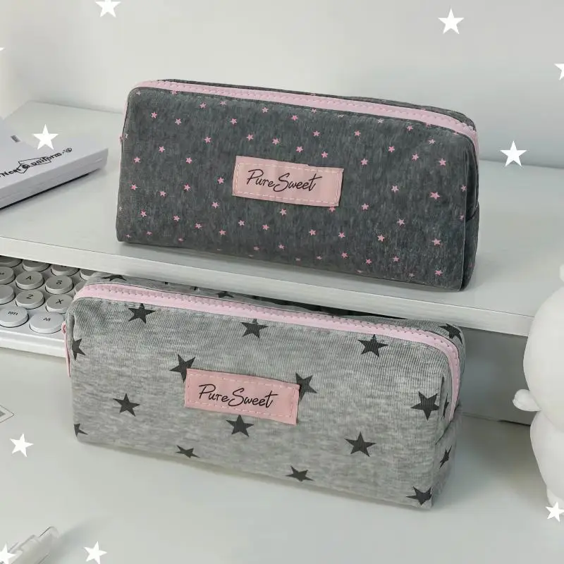 Nylon Multi Pocket Pencil Pouch Black Star Print Large Capacity Stationery Bag for Student Daily Use