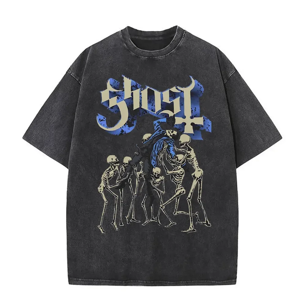 Limited Ghost Skeletour World Tour 2025 Vintage Washed Skeleton Graphic T-shirts Men Women Gothic Punk Rock T-shirt Streetwear