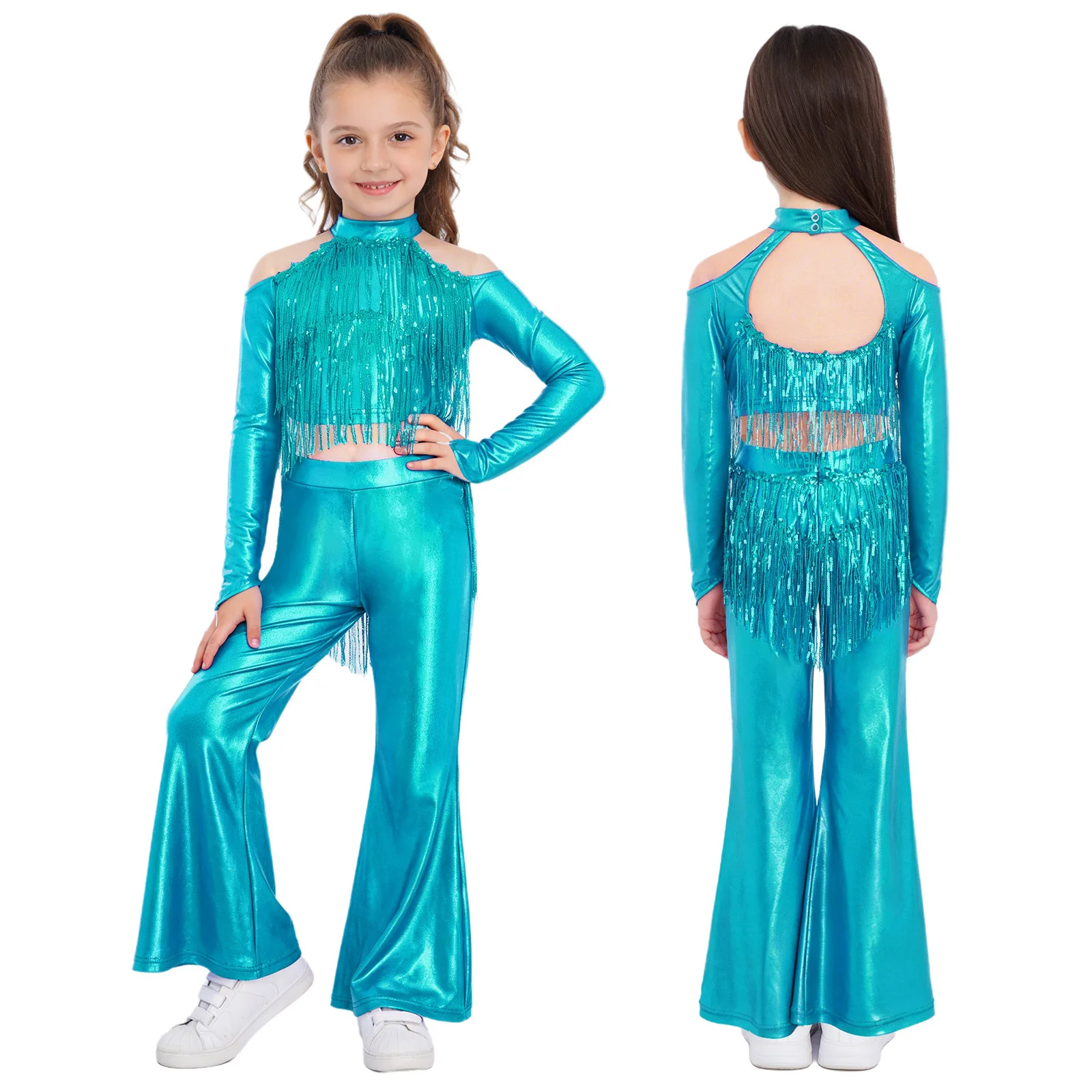 Kids Girls 70s Disco Jazz Dance Costume Tassels Sequins Metallic Crop Top Flared Pants Movie Character Princess Cosplay Outfit