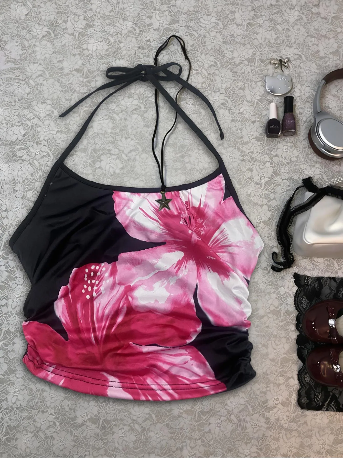 Y2K Millennium Style Big Pink Hibiscus Print Halter Cami Top Tie Back Side Drawstring Slim‑Fit Cropped Sexy Tank Top