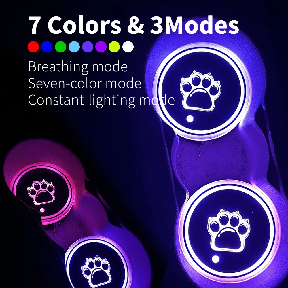 2PCS LED Cup Holder Lights for Car, Rechargeable 7 Color-Changing Light Up Cup Holder Insert Coasters, Car Accessories for Teens