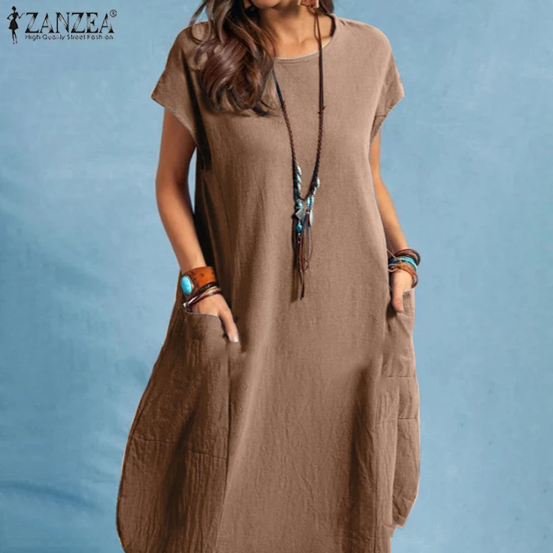 ZANZEA Sommerkleid aus Baumwolle für Damen, O-Ausschnitt, kurze Flügelärmel, lockeres, knielanges Kleid aus Baumwolle, Urlaub, Tageskleidung, Roben für Damen