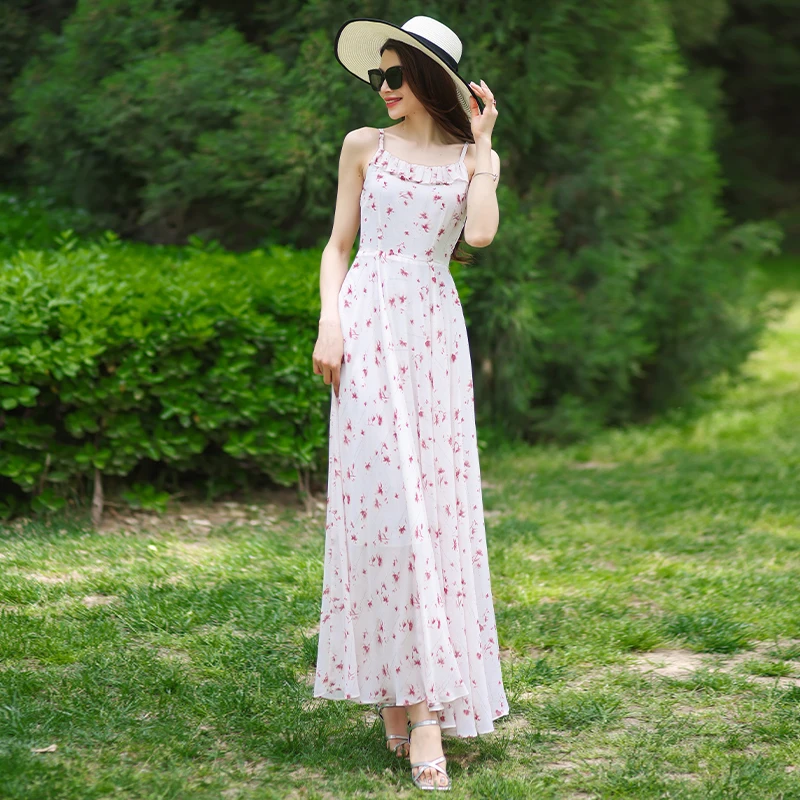 

French Style Floral Off-Shoulder Dress – Summer Maxi Dress with Wide Hem & Slim Fit Design, Beach Holiday Gown