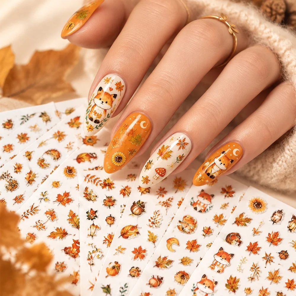 12Pcs Mystic Autumn Nail Decals Gold Foil Hedgehog Pumpkin Fall Leaf Self Adhesive Shiny Sliders DIY Manicure Wraps Decor Kit