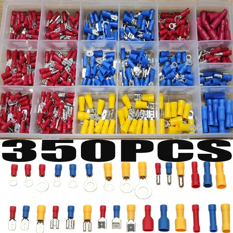 350pcs Insulated Cable Connector Wire Crimp Terminal Spade Butt Ring Fork Kit Ring Lug Rolled Terminal Assorted Kit