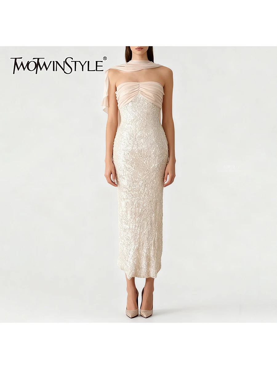 

TWOTWINSTYLE элегантные длинные платья для похудения с блестками для женщин без бретелек без рукавов лоскутная шаль модное платье женское
