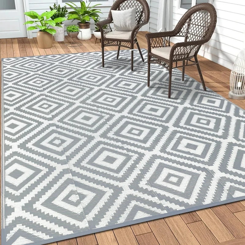 VIKAMA Outdoor Gray Geometric Diamond Area Rug Waterproof Reversible Washable Patio Rug for Deck Balcony Porch Home Decor