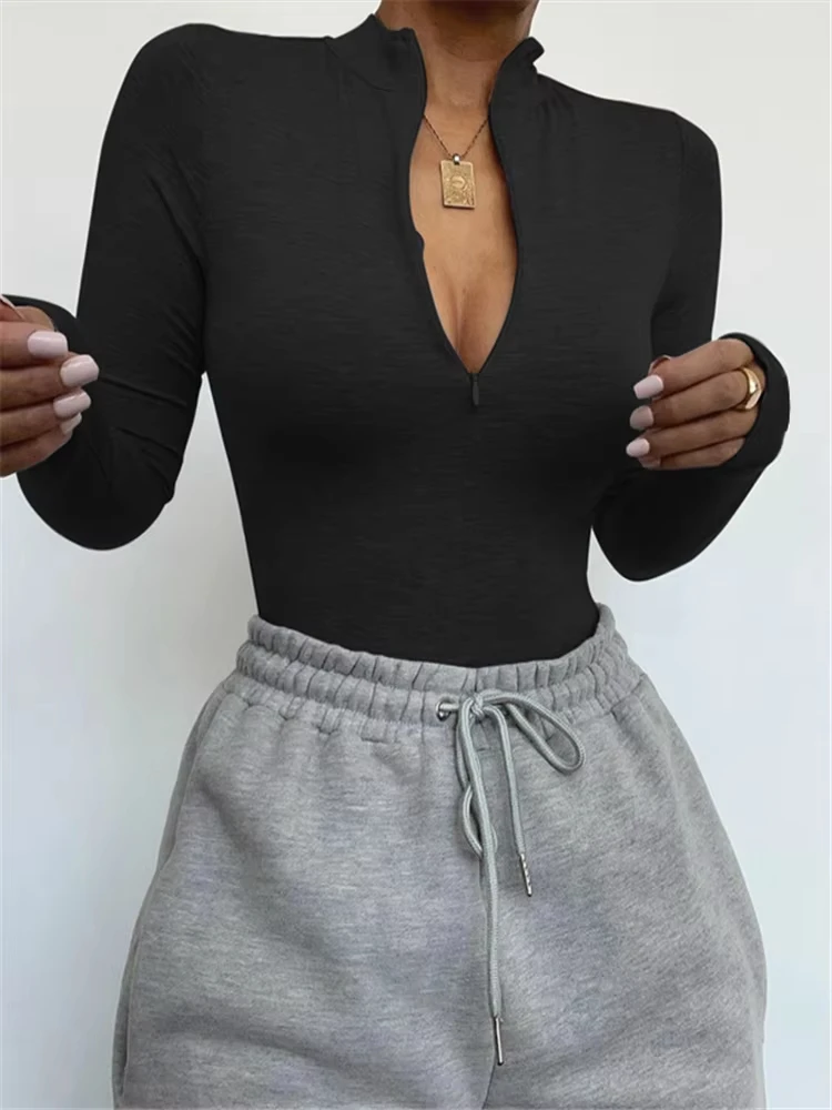 Solid Zipper Bodycon Bodysuits Women Sexy Mock Neck Autumn Long Sleeve Fashion Slim Basic Body Winter Gray Outfits Lady