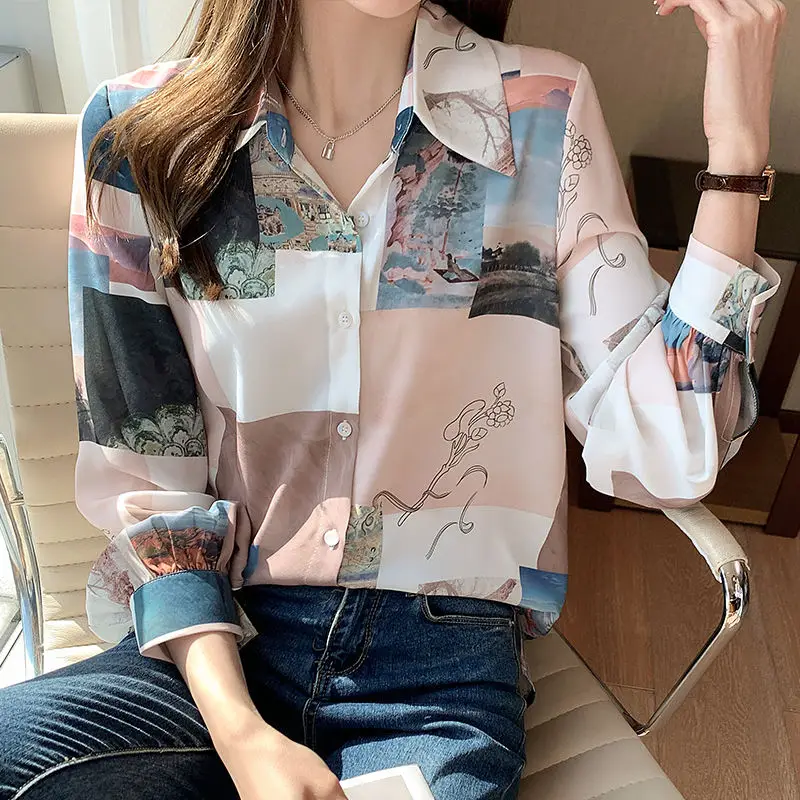 Vintage Fashion Printing Long Sleeve Shirt Women\'s Clothing 2022 Spring Korean Turn-down Collar Single-breasted Casual Blouses