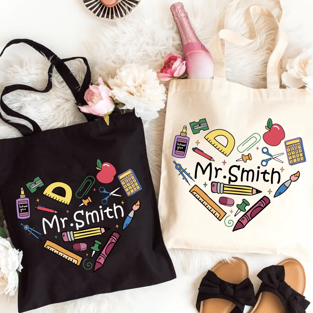 Personnalisé M. Sac fourre-tout en toile pour enseignant, personnalisable avec nom, impression d'outils scolaires, sac d'épicerie réutilisable, sac de remerciement pour enseignant