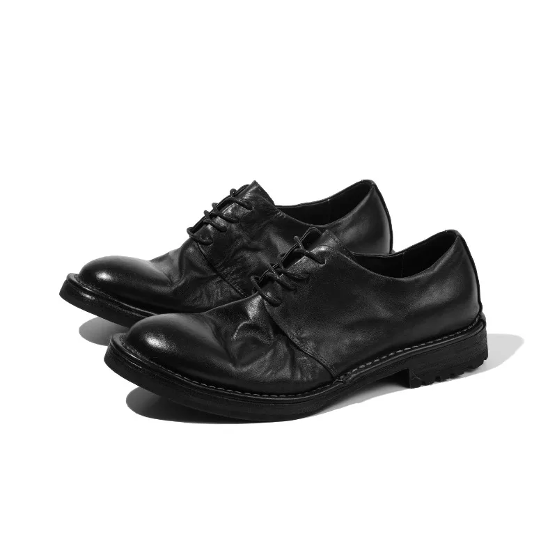 British Style Office Commuting Casual Dress Leather Shoes Men Genuine Leather Derby Retro Washed Handmade Breathable Work Shoes