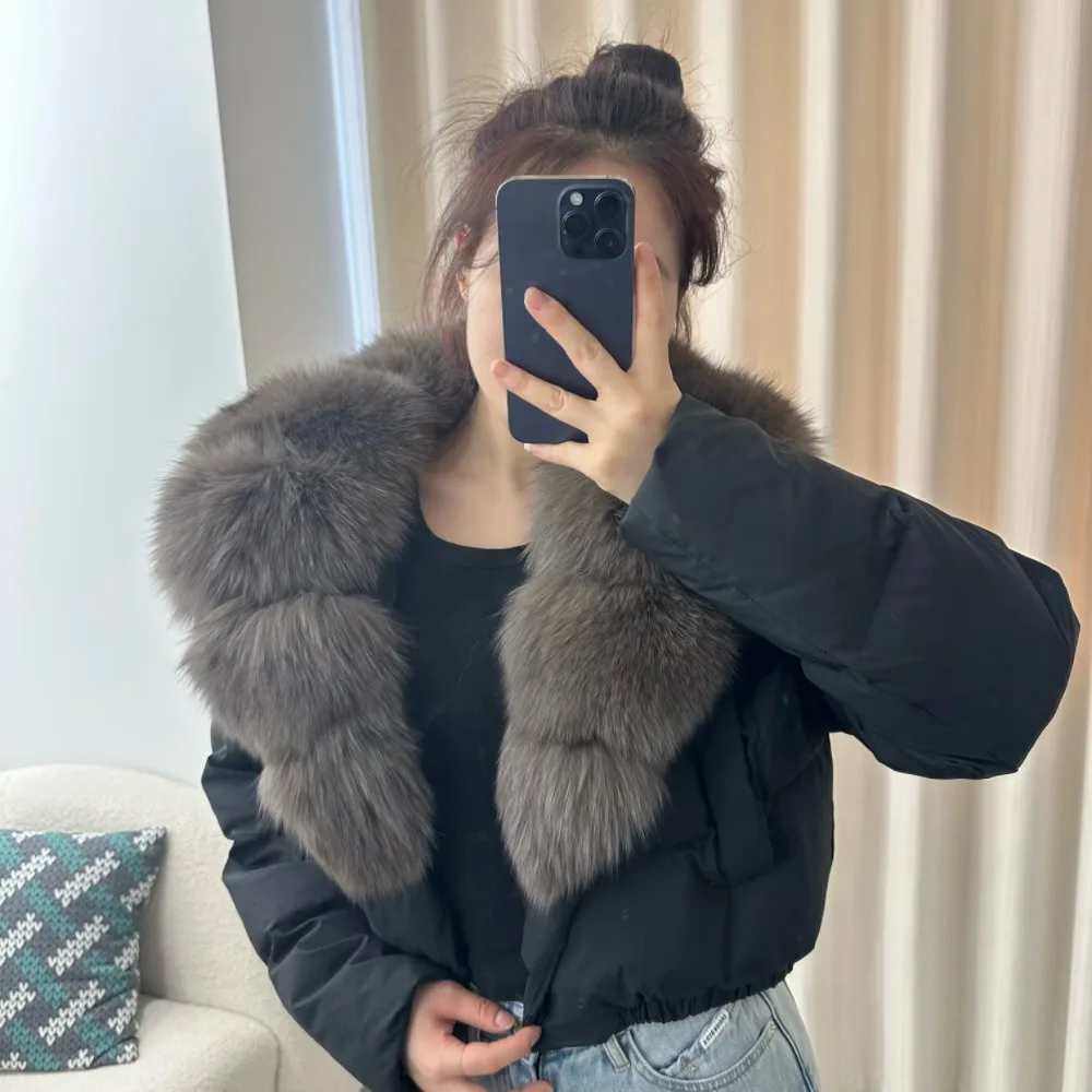 Jaket Parka Pendek CXFS Musim Dingin Baru, Bulu Rubah Alami Tebal dan Lembut, Mantel Puffer Wanita Kancing Hangat Isi Bulu Angsa Putih 90%, Tahan Air