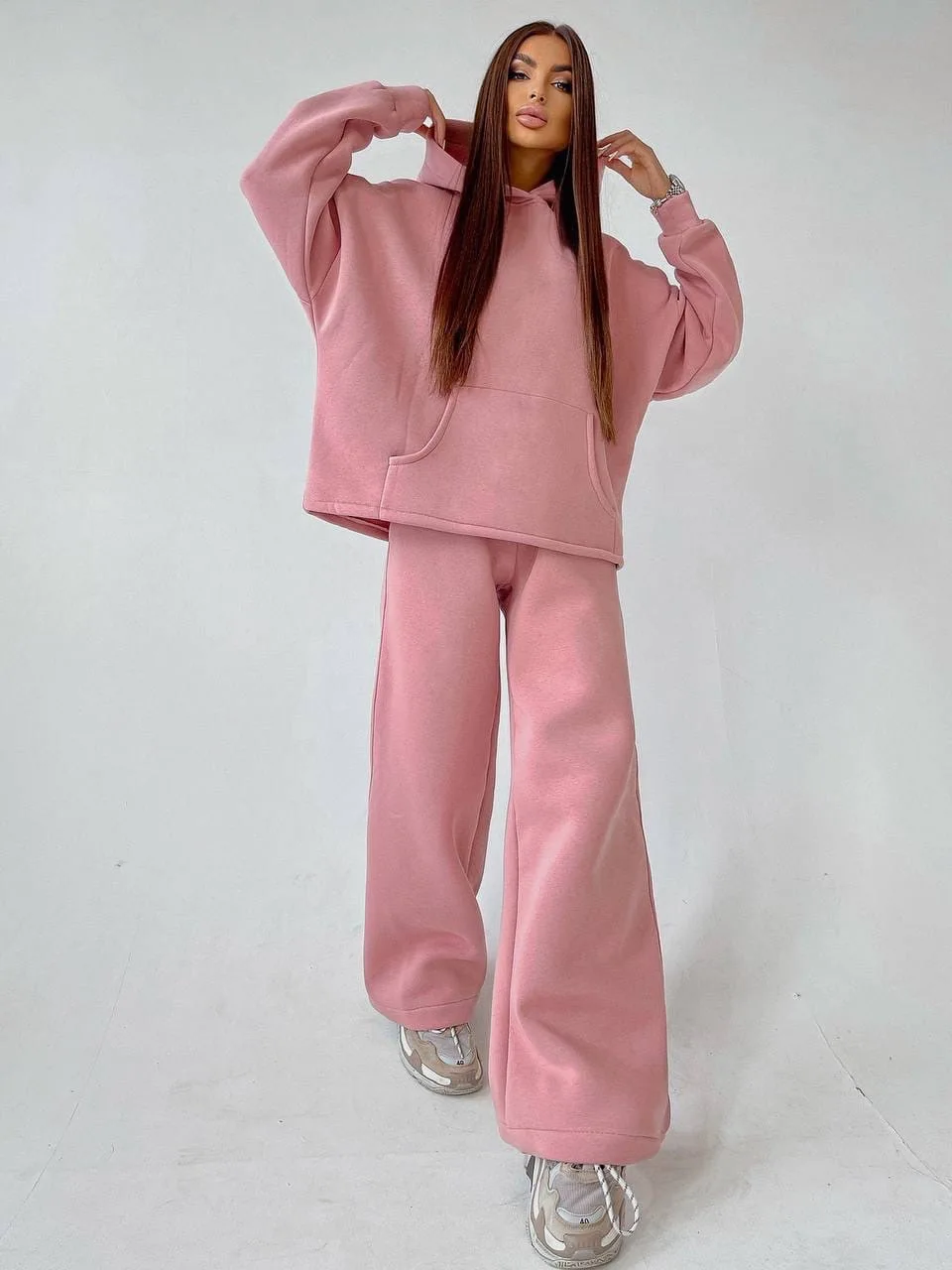 Womens Solid Color Two Piece Outfits Lounge Sets Hoodies Autumn Fashion Streetwear Sweat Suits Wide Leg Sweatpants With Pockets