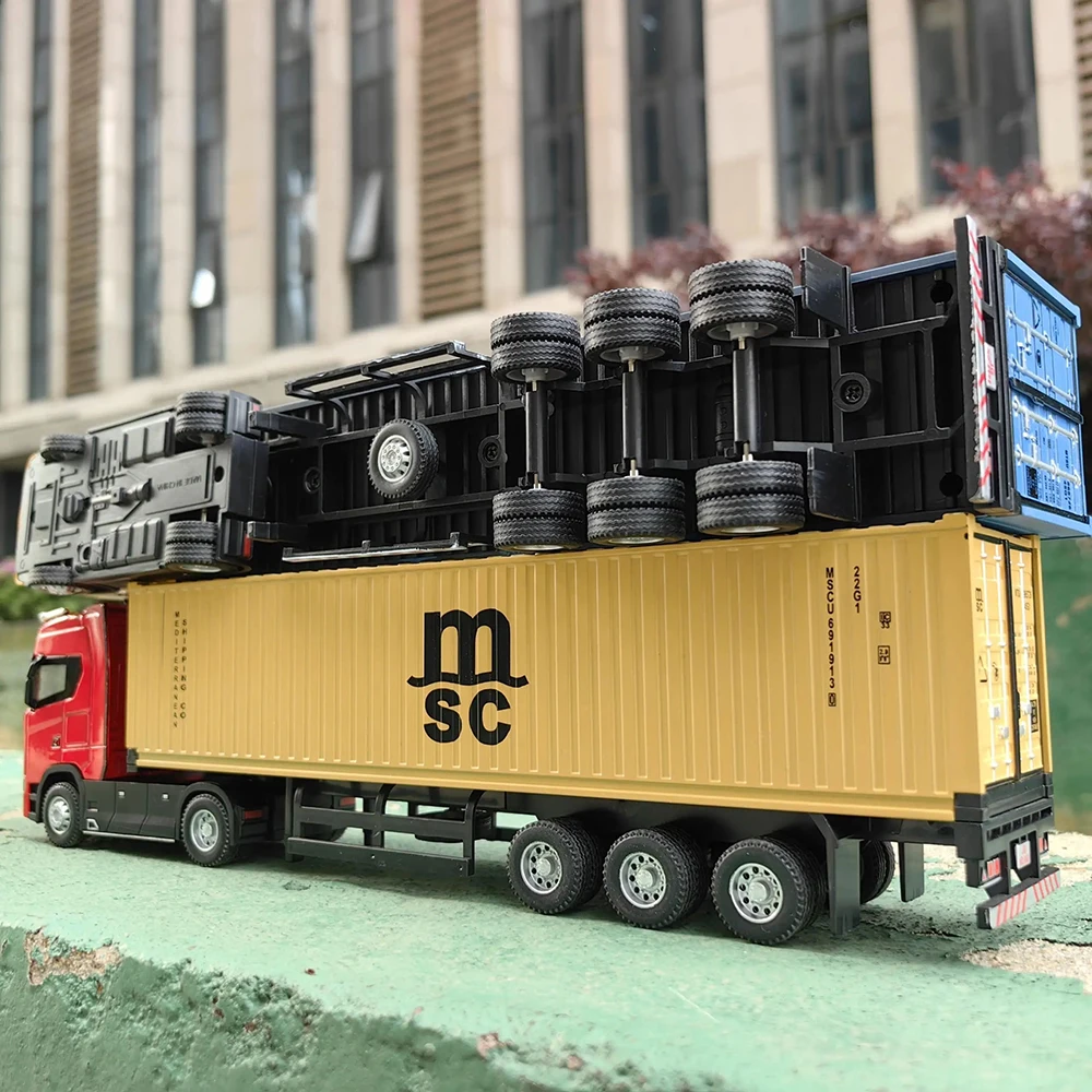 1:50 American Trailer Transport Vehicle Diecast Alloy Front End Container Truck Models Toys Sound Light Cars for Boys Xmas Gifts