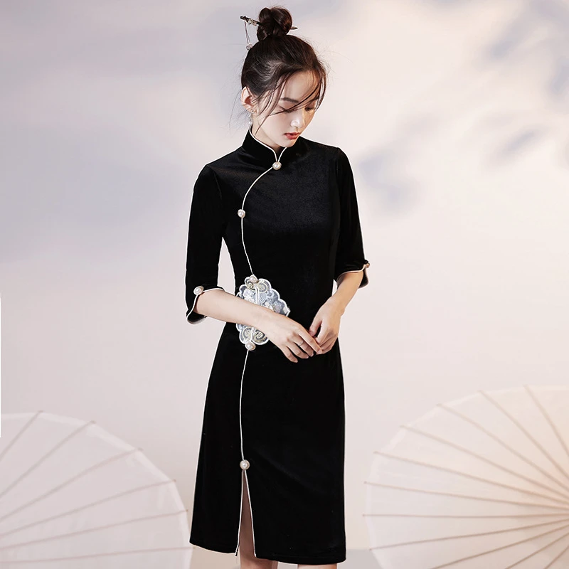 

Cheongsam Chinese Traditional Dress Women Vintage Black Mid Sleeve Short Dresses China Style Clothes Evening Wedding Costume