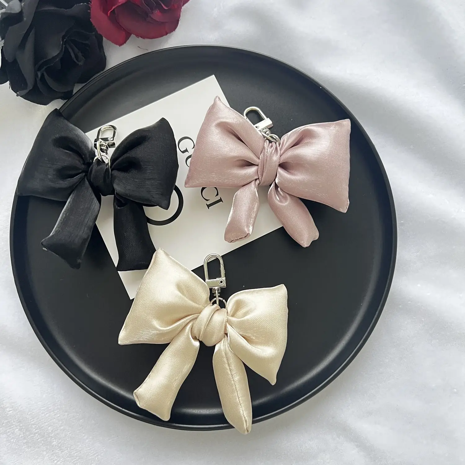 Y2K Korean Shiny Satin Bowknot Keychain Fashion Simple Bow Keyring Bag Pendant Handbag Hanging for Women Girls Decoration Gifts