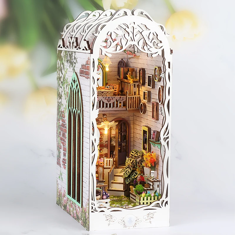 Wooden Flower Doll House Book Nook Shelf Insert Kits Miniature Building Kit Bookshelf Assembled Bookends Friends Birthday Gifts