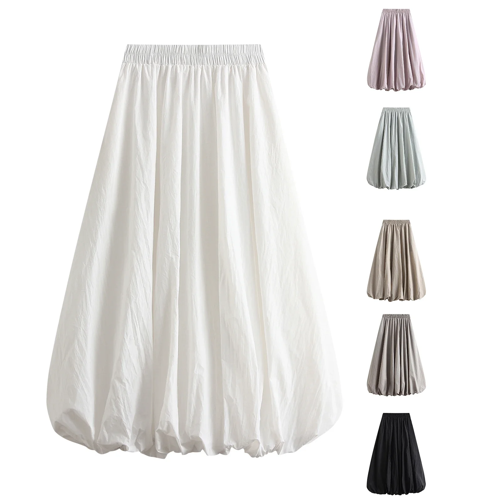 Summer New Women Elegant Elastic High Waist Solid Color A-Line Pleated Puffball Hem Casual Flowy Balloon Bud Midi Skirts