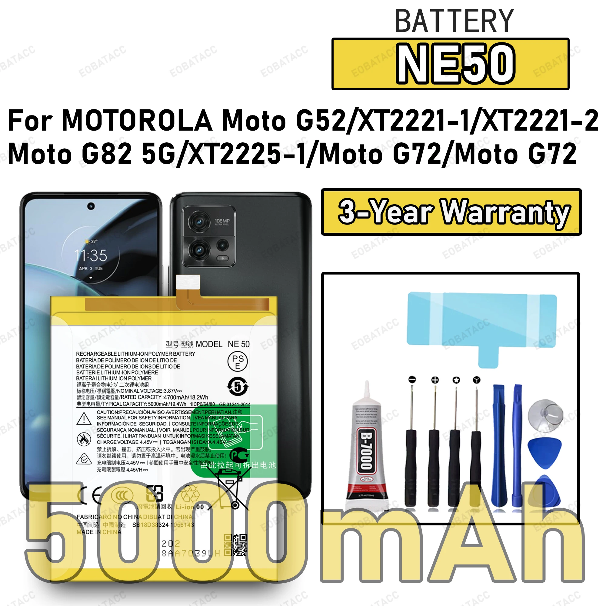 100% New High Quality NE50 Battery For MOTOROLA MOTO G52/XT2221-1/MOTO G82 5G/MOTO G72 Replacement Battery Bateria+Free Tools