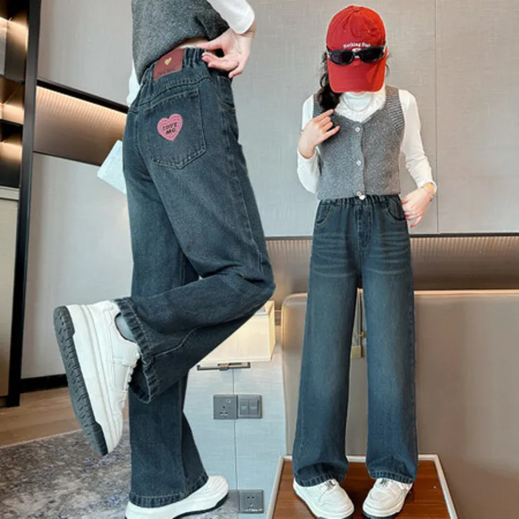 

Kids Vintage Wide Leg Jeans with Heart Embroidery for Teens Girls Stretchy Comfortable Casual Denim Pants For 4-14 Year Children