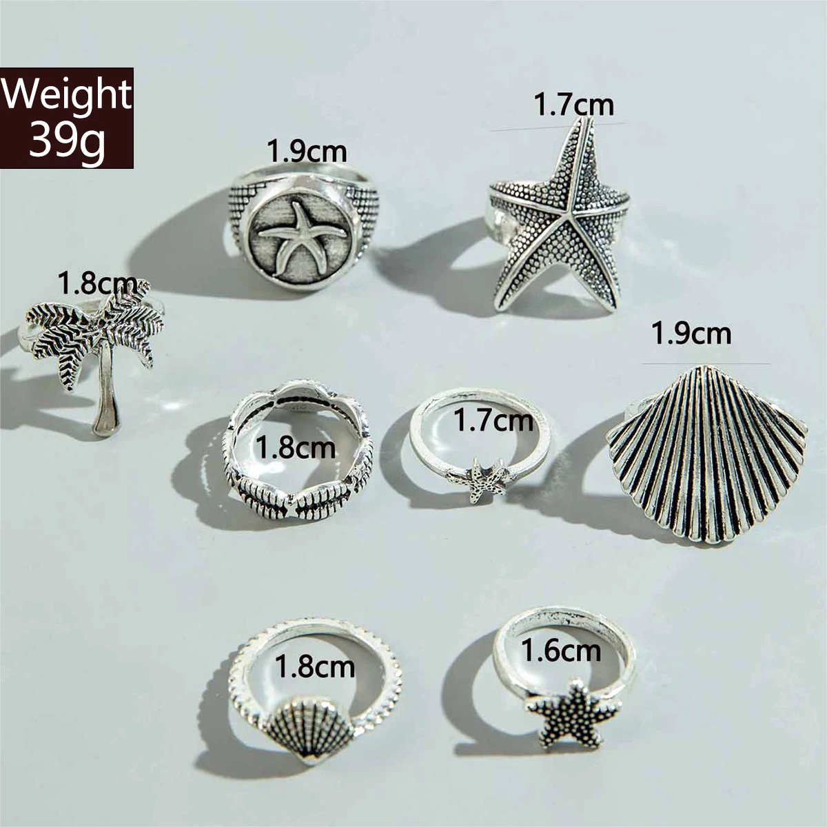 Tocona Vintage Silver Color Shell Starfish Ring Sets for Women  Sand Beach Coconut Tree Finger Rings Party Jewelry 8pc/set 26571