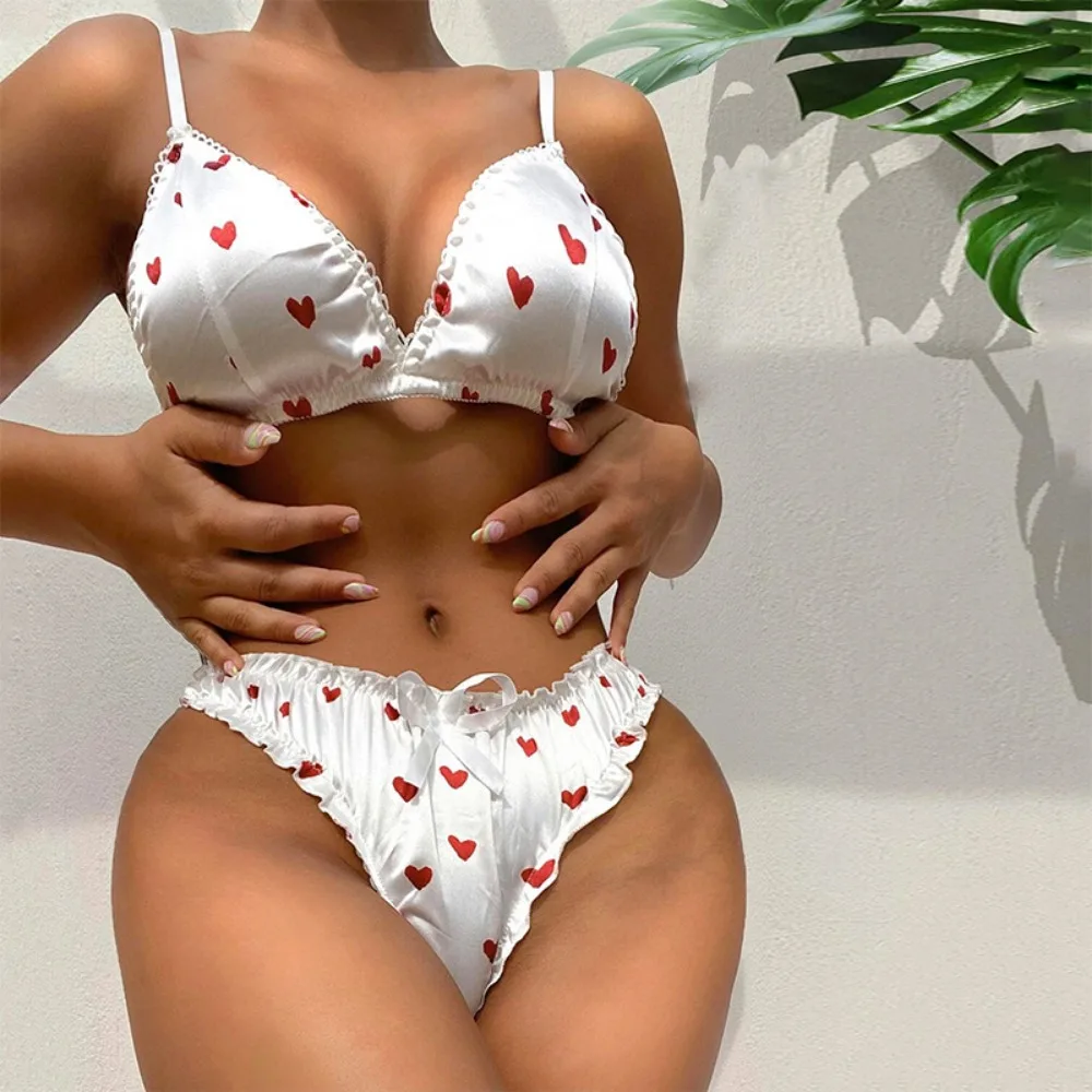 Sexy Women\'s Erotic Lingerie Thongs Suit Bowknot Silk Lingerie Set Underwear Women Set Two Piece Female Bikini Set Mesh Briefs