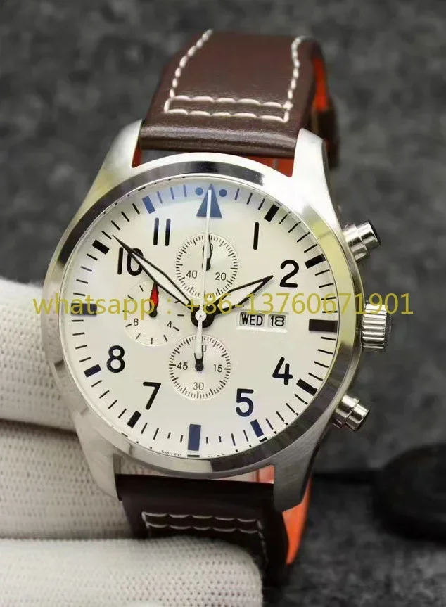 Luxury New Men Quartz Watch Chronograph Watches Stainless Steel Black Blue Leather Sapphire Glass 43mm