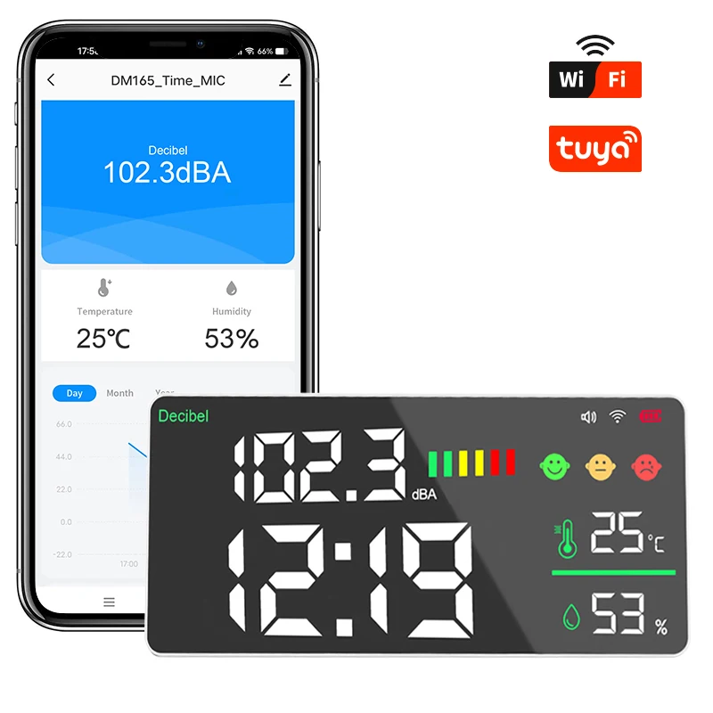 Dienmern-medidor de Decibel Montado na Parede com Tuya Wifi Medidor de Nível de Ruído Produto Relógio Led Medição de Temperatura e Umidade