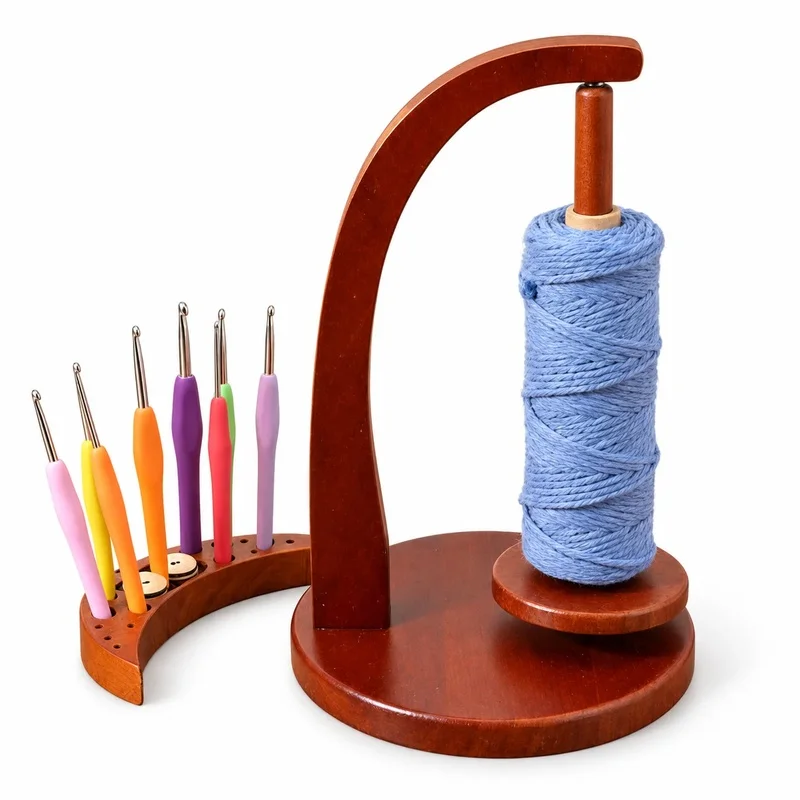 Wooden  Holder Rotating Spindle - Multifunctional Yarn Ball Stand with 8 Crochet Hook Storage