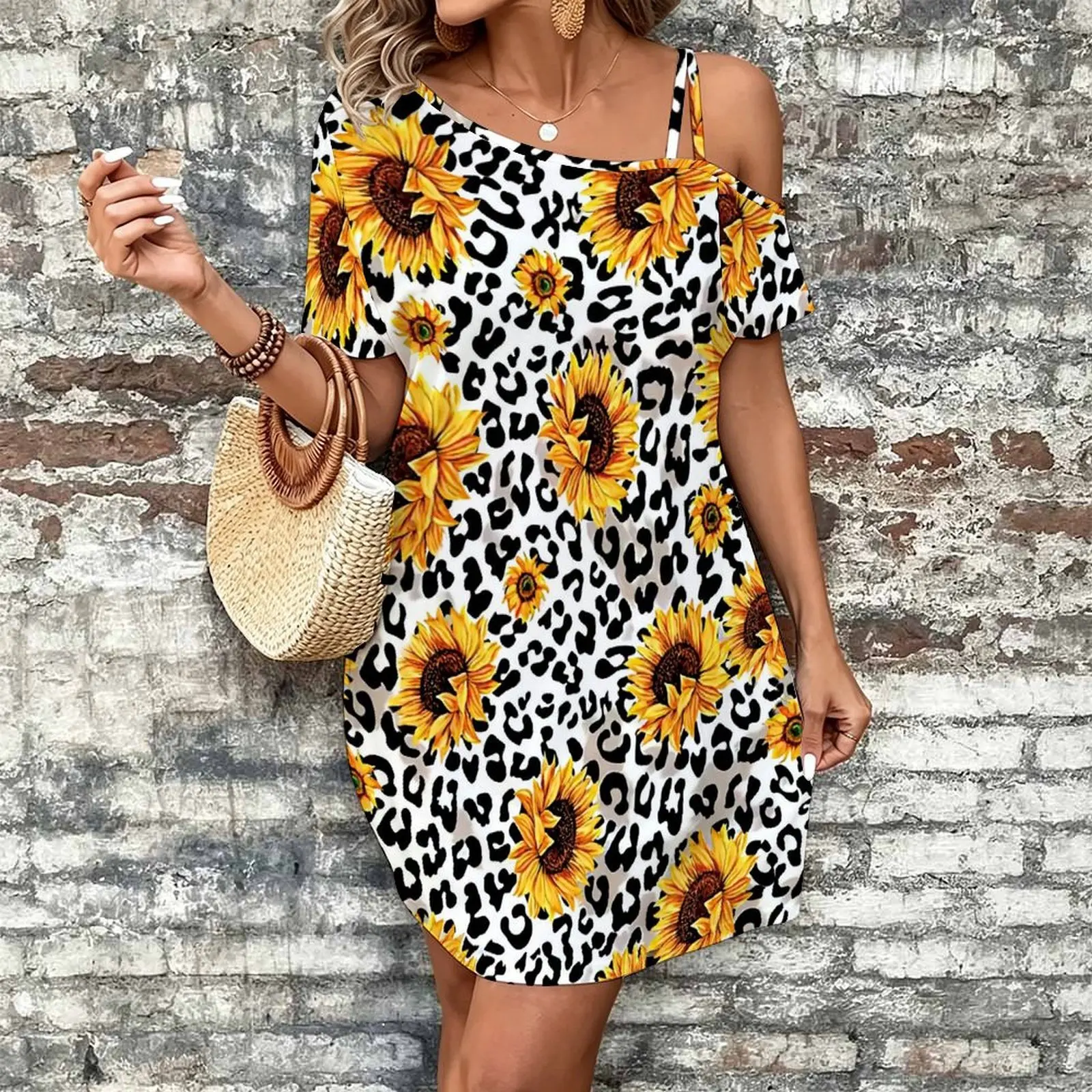 Women Print Cold Shoulder Short Sleeve Mini Dress Irregular Off Shoulder Casual Loose Tunic Dress