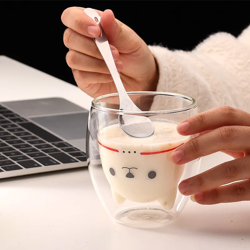 280ML Double Glass Cup Coffee Mug Bear Cat Dog Animal Transparent Cute Milk Juice Tea Drinking Cups Birthday Party Wine Glasses